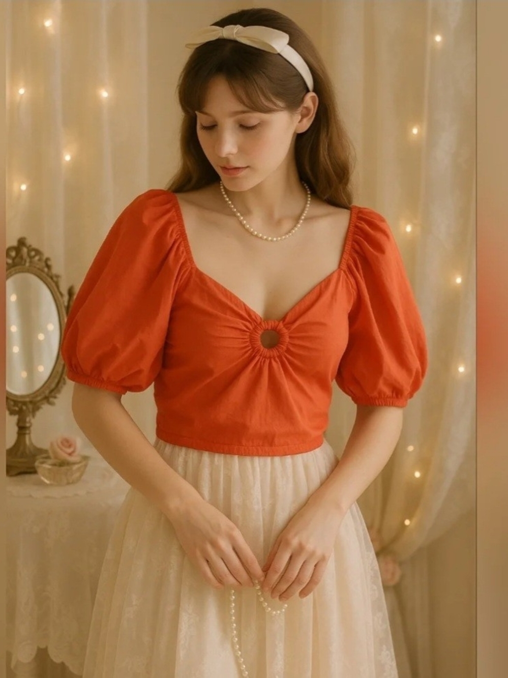 Sim&Sam 🧡Ring-Front Puff Sleeve Crop Top — Red